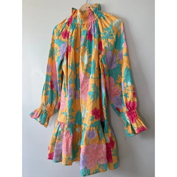 NEW Ephemera Tiered Mock Neck Garland Smock Colorful Floral Yellow Mini Dress - Picture 3 of 9